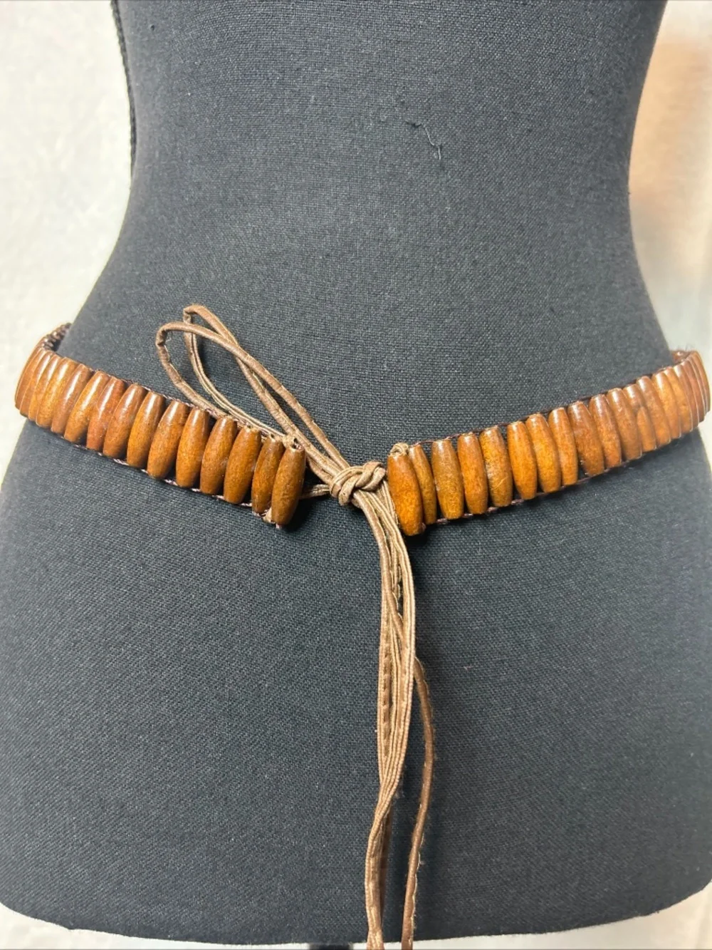 VTG Wood Beads Adjustable Brown Tie Belt Boho Chic Hippie Festival Earthy